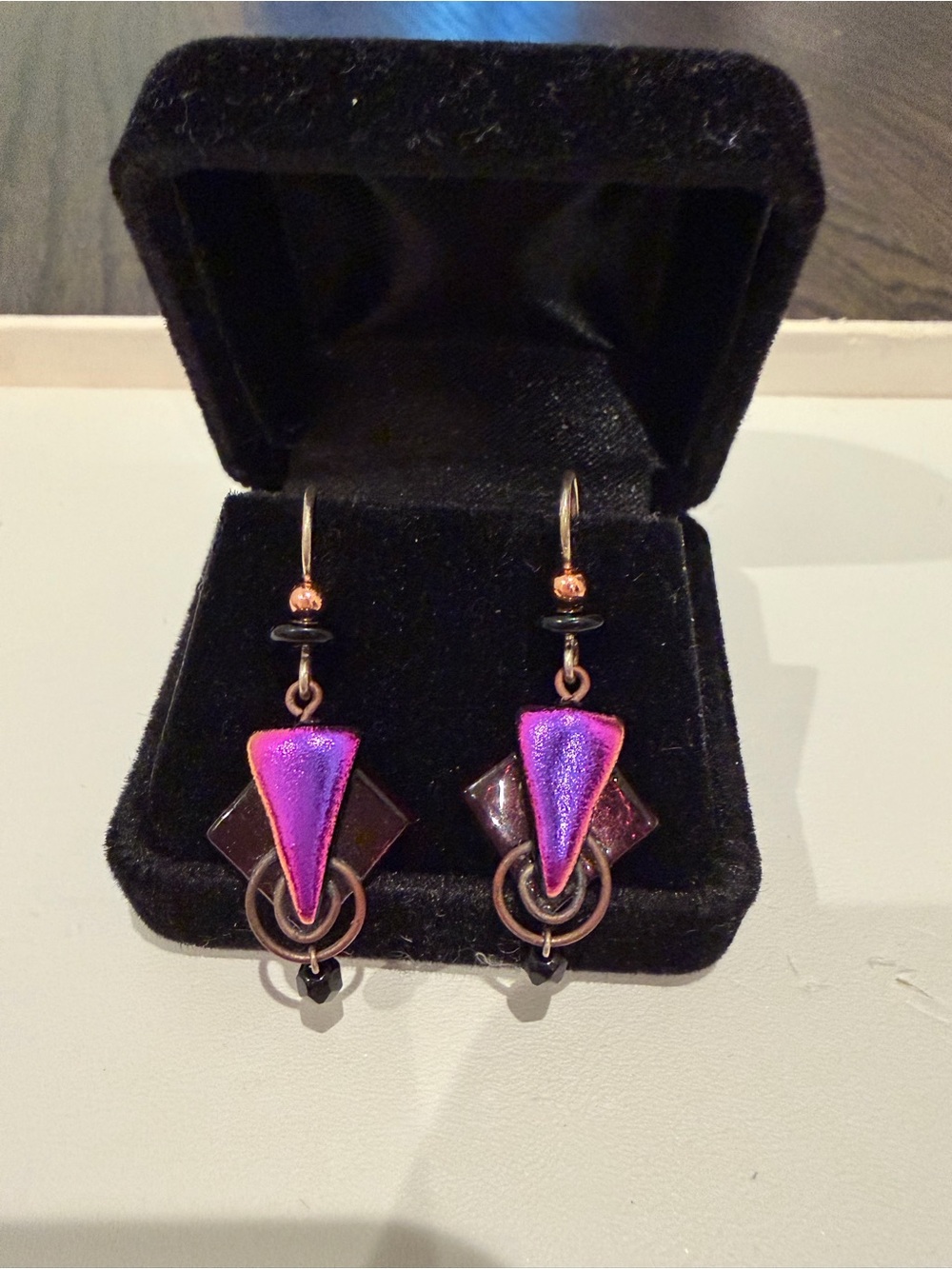 Pink and Purple Iridescent Geometric Glass Drop Earrings